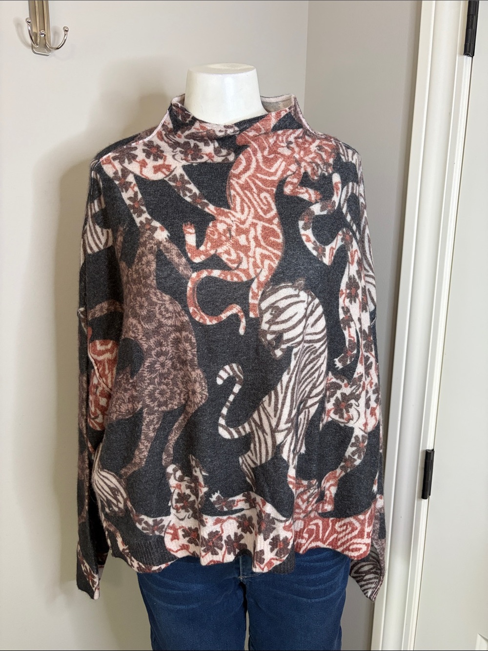 Anthropologie Pilcro Alani Tiger Leopard Cashmere Sweater Mock Neck Oversized